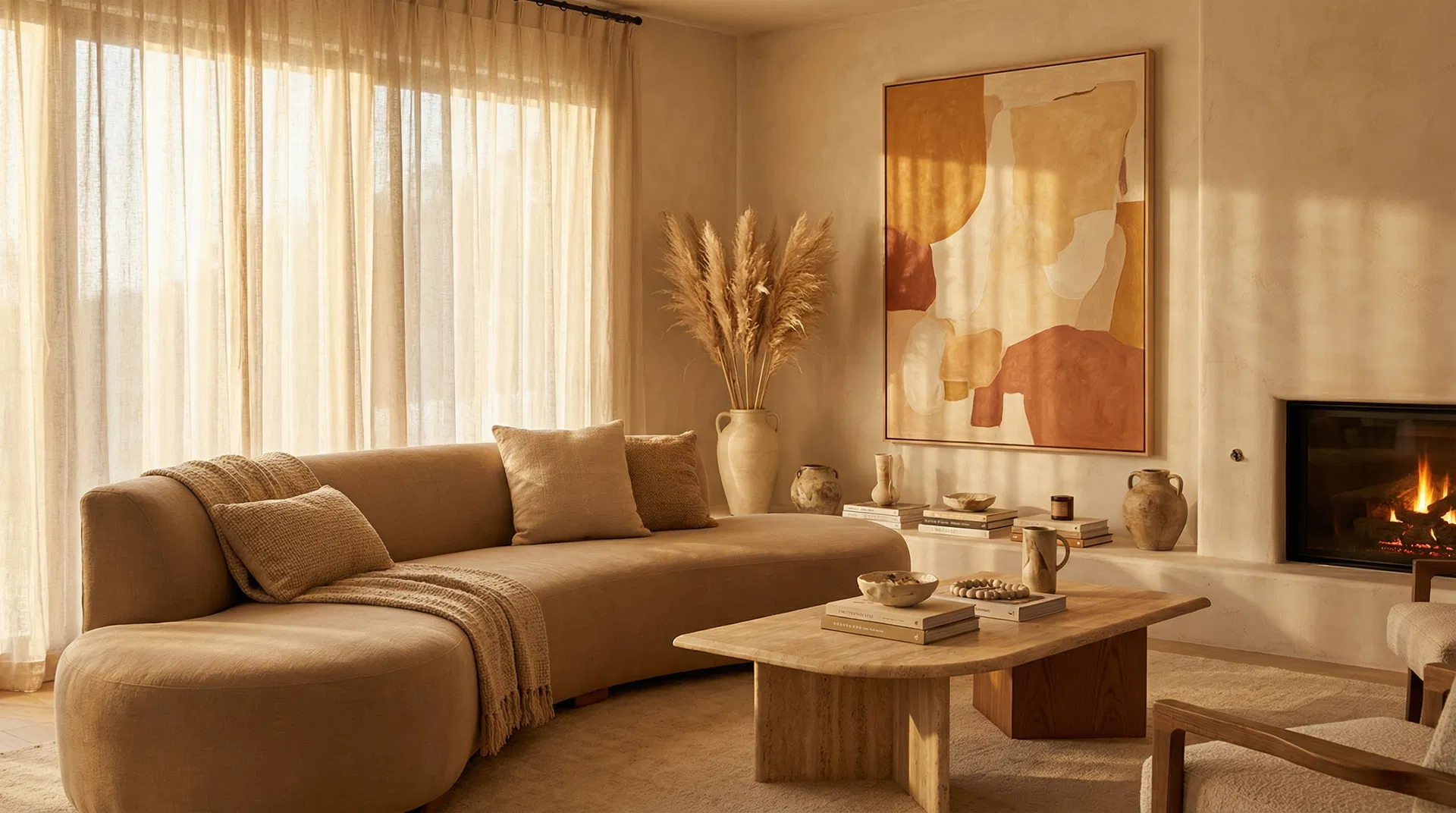 A quietly layered living room at dusk